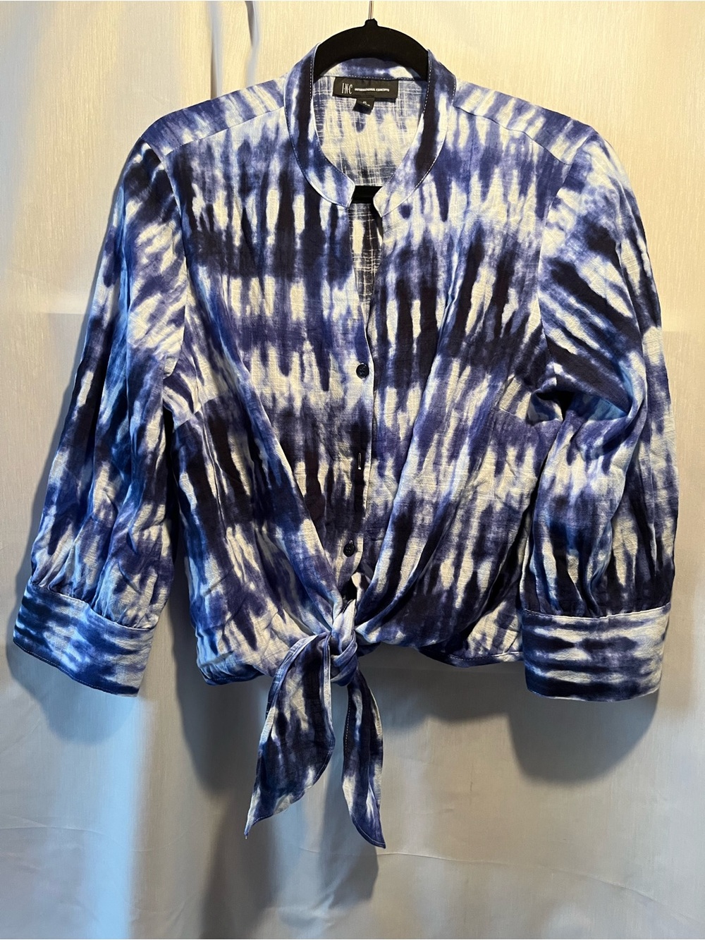 INC International Concepts Blue and White Tie-Dye Button-Front Tie-Waist Shirt